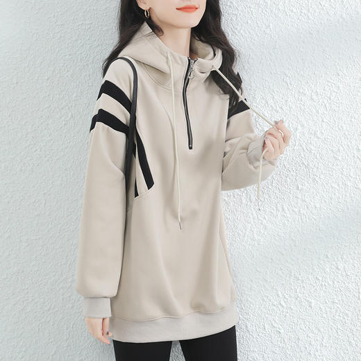 复古撞色连帽中长款加绒卫衣女，冬装新款美式百搭上衣厚 GYM-D0434 商品图3