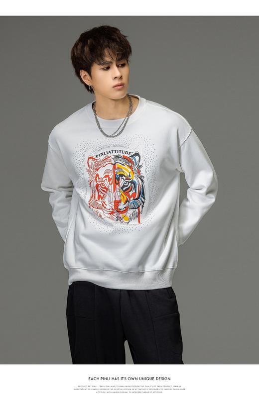 PINLI品立秋季新品烫钻圆领卫衣男士潮牌老虎头宽松长袖上衣BV233109029 商品图7