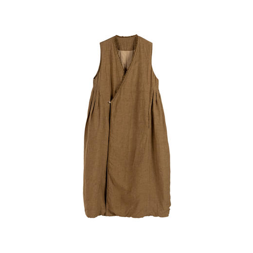 绽放886朵/卡其黄天丝亚麻花边拼接无袖捏褶V领宽松长款棉衣棉服 商品图3