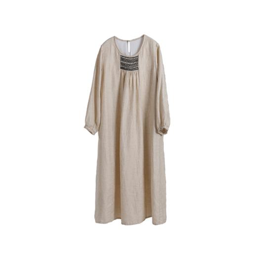 绽放888朵/米黄色黑线刺绣拼接白点印花复古灯笼袖宽松文艺连衣裙 商品图3