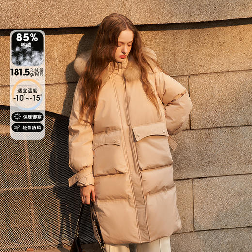 毛领连帽落肩宽松长款羽绒服女秋冬新款简约加绒保暖外套V2538497 商品图0