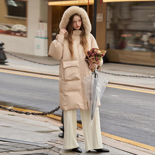 毛领连帽落肩宽松长款羽绒服女秋冬新款简约加绒保暖外套V2538497 商品图2