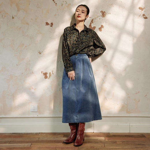 绽放877朵/高级复古文艺光泽感细腻灯芯绒捏褶显瘦双层加厚半身裙 商品图1