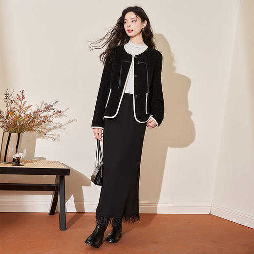 西遇韩系羊羔毛外套女2023秋冬新款复古高级感慵懒风圆领开衫上衣D0038383 商品图1