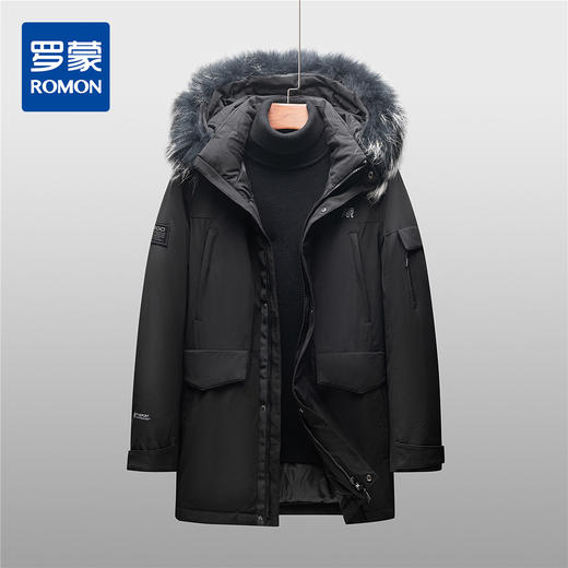 【白鹅绒 银貉子毛领】罗蒙秋冬男装羽绒服高充绒两穿中长款男士羽绒服 商品图0