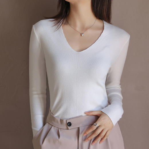 秋冬季新款【针织V领打底衫】 不规则V领辣妹针织衫  西装内搭上衣  修身长袖t恤   商品图8
