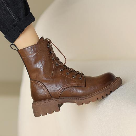 阿么手工女鞋真皮绑带马丁靴粗跟4.5CM百搭英伦风复古时尚短靴女 商品图1