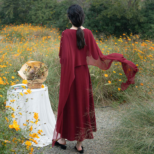 【林栖设计小店】绵羊毛混纺连衣裙绣花真丝披肩2023秋冬新品复古长裙女1934123 商品图6