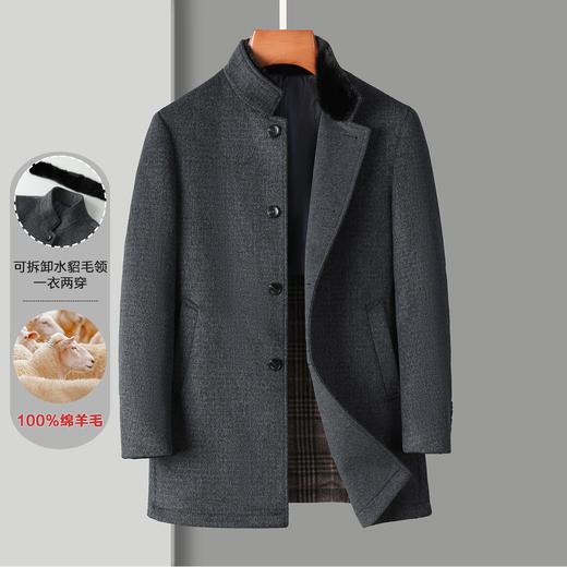【100绵羊毛 水貂毛领】罗蒙秋冬男装毛呢大衣男士中长款立领羊毛大衣爸爸装男士呢子外套30W2331 商品图3