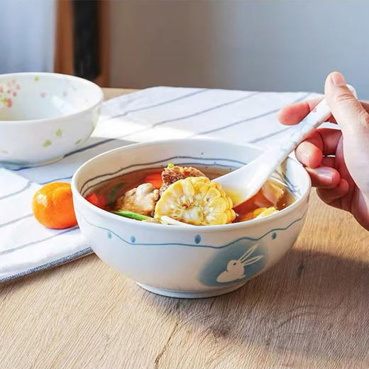 日本进口美浓烧陶瓷面碗家用餐具创意可爱兔子单个蒸蛋羹碗美浓烧多用碗16*6.8cm 商品图8