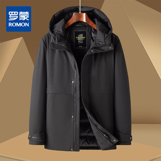 【90白鸭绒】罗蒙秋冬男装暗纹迷彩连帽羽绒服男士中长款保暖外套男士羽绒服 商品图0