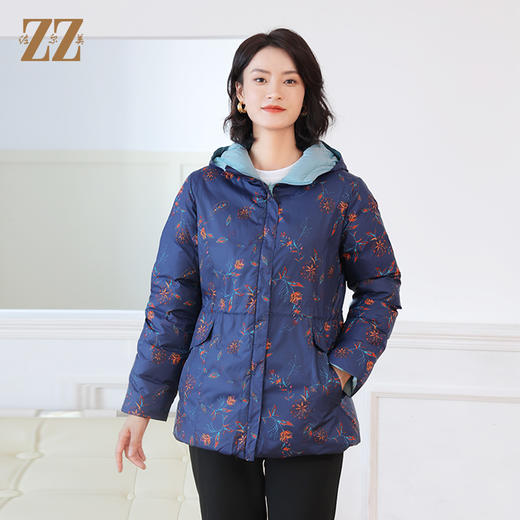 佐尔美冬季新款 时尚连帽双面穿碎花中长羽绒服女E14YY20 商品图2