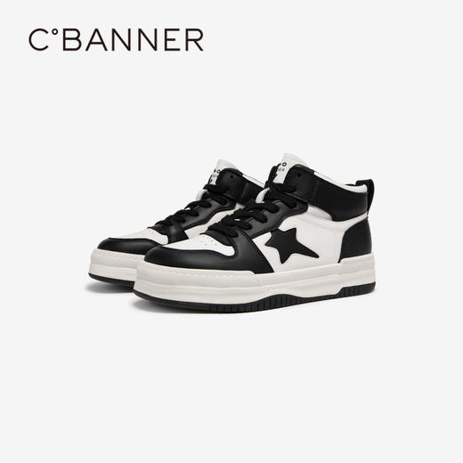 千百度女鞋厚底高帮黑白鞋秋冬增高板鞋舒适休闲运动鞋A23512507 商品图4