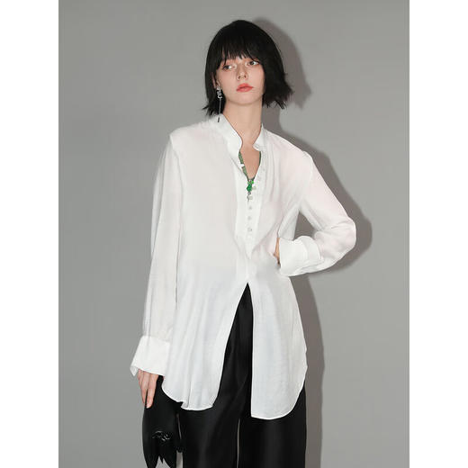 COCOBELLA重工绗线玉石扣新中式老钱风白衬衫立领衬衣SR545 商品图3