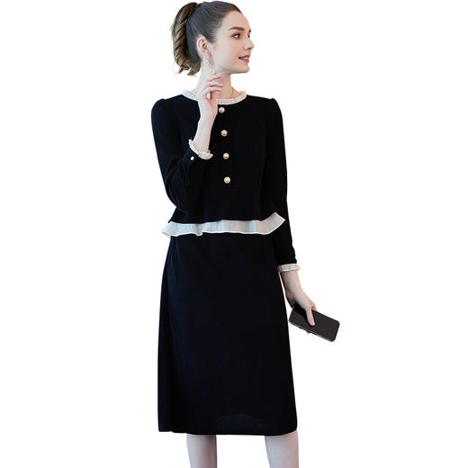 奢姿2025秋装新款时尚简约大码女装休闲百搭纽扣装饰黑撞杏连衣裙9933853321 商品图4