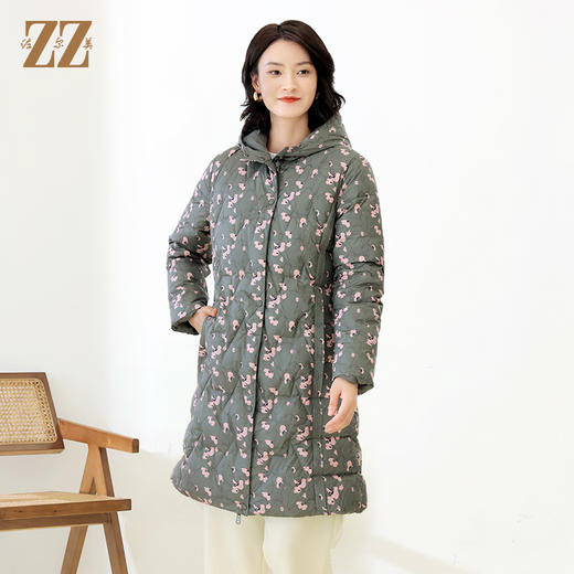 佐尔美冬季新款 甜美花色中长款连帽羽绒服女E14YY17 商品图0