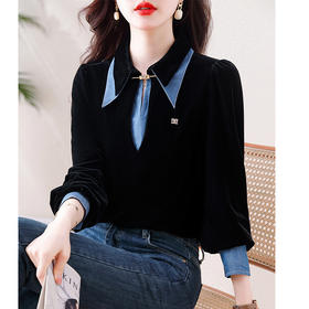 韩版洋气假两件衬衫，秋季新款小众设计感牛仔拼接丝绒上衣AHM-myl1307