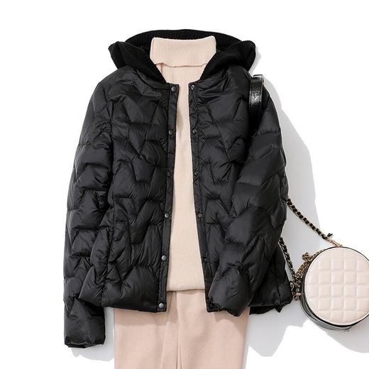 丁摩~秋冬轻薄连帽羽绒服女短款拼接针织帽时尚洋气内搭轻便修身外套VOP 商品图2