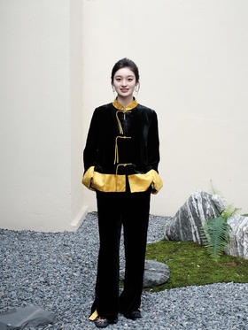 盛唐牡丹|黑色丝绒松紧腰女裤 明黄色裤脚口