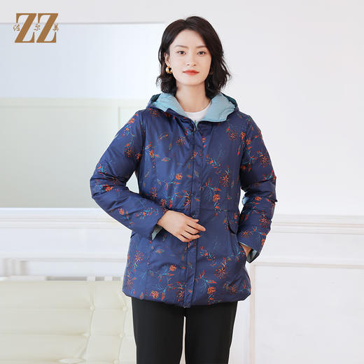 佐尔美冬季新款 时尚连帽双面穿碎花中长羽绒服女E14YY20 商品图1