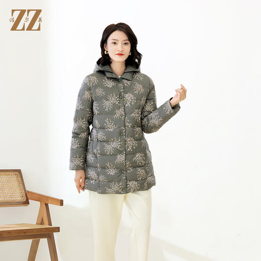 佐尔美冬季新款 时尚连帽双面穿花纹图案羽绒服女E14YY22 商品图2