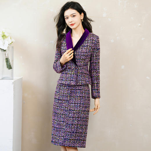 秋冬新款，高端小香风V领短款上衣高级感紫色两件套装HH-9922 商品图3