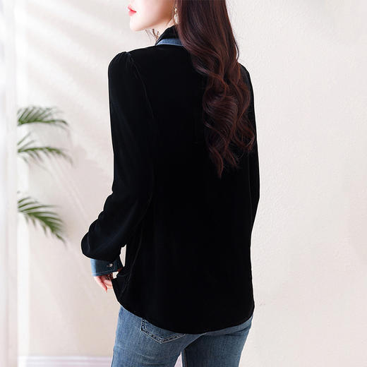 韩版洋气假两件衬衫，秋季新款小众设计感牛仔拼接丝绒上衣AHM-myl1307 商品图3