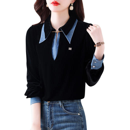 韩版洋气假两件衬衫，秋季新款小众设计感牛仔拼接丝绒上衣AHM-myl1307 商品图4