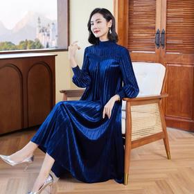XSL S3346丝绒连衣裙妈妈秋冬装百褶裙