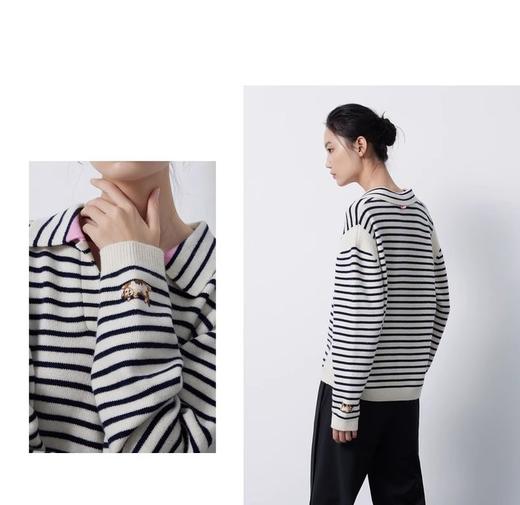 条纹POLO领条纹羊绒毛衣 小猫刺绣落肩袖宽松针织衫 源自内蒙的山羊绒 顺滑温润 手感柔软蓬松 宽松慵懒 经典法式剪刀V领 撞色白条拼接G0645 商品图2