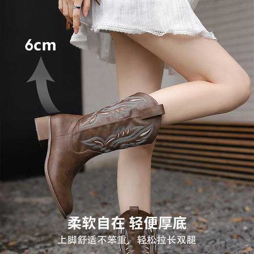 西遇西部牛仔靴子女新款秋季美式复古棕色刺绣中筒厚底短靴D0034052 商品图2