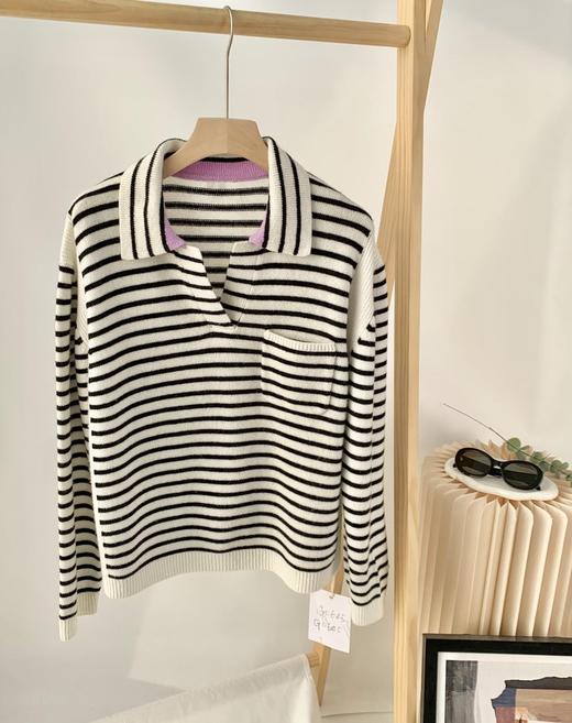 条纹POLO领条纹羊绒毛衣 小猫刺绣落肩袖宽松针织衫 源自内蒙的山羊绒 顺滑温润 手感柔软蓬松 宽松慵懒 经典法式剪刀V领 撞色白条拼接G0645 商品图10