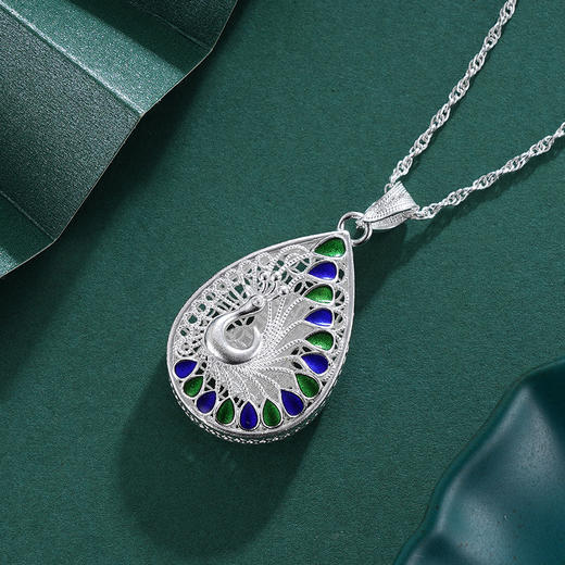 子佩集S990银【翠影展妍】套链【QLDZ001】花丝珐琅彩孔雀项链2311 商品图4