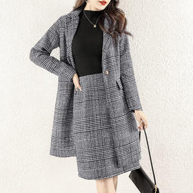 【服装鞋包】-秋冬新款韩版西装领气质修身显瘦千鸟格毛呢大衣套装裙