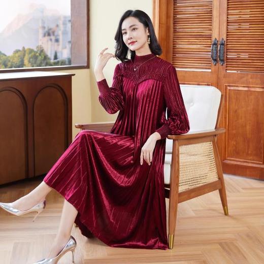 XSL S3346丝绒连衣裙妈妈秋冬装百褶裙 商品图1