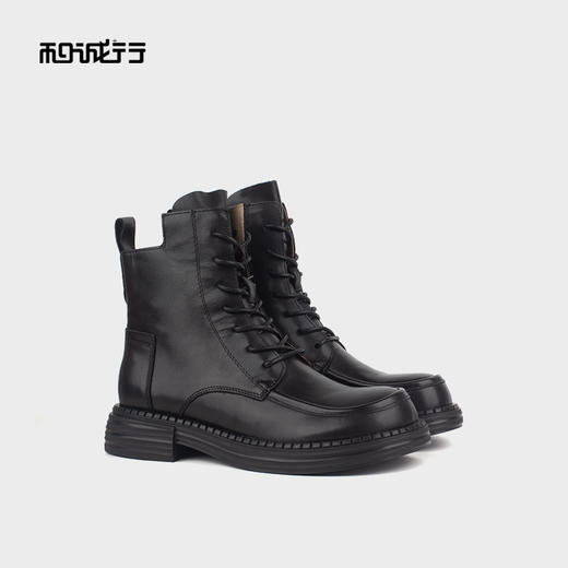和诚行 2023秋冬新款英伦系带真皮短筒靴女厚底增高马丁靴1930054 商品图0