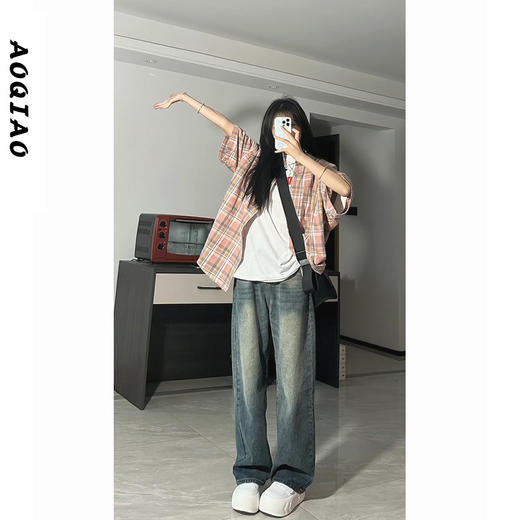 【遮肉显瘦百搭❗️阔腿牛仔裤】美式复古做旧阔腿牛仔裤女秋季新款高腰显瘦大码宽松直筒裤子 商品图0