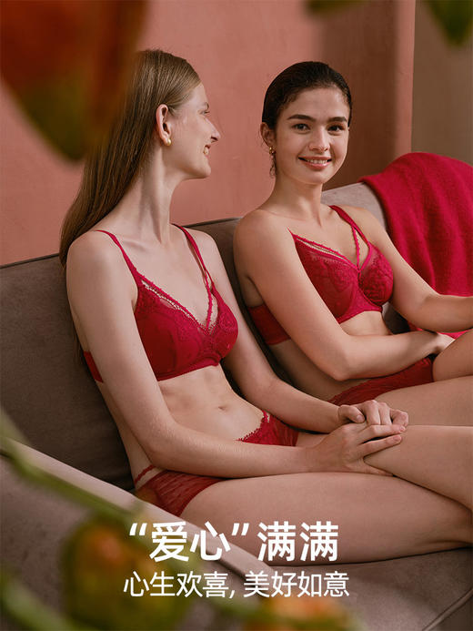 HSIA遐中腰平角裤纯棉裆性感绑带刺绣蕾丝结婚本命年红色内裤女 商品图3