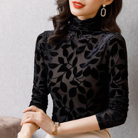 雀说 秋冬高领丝绒网纱打底衫女长袖t恤内搭修身上衣3ZF-MZ7082