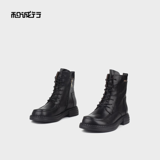 和诚行 2023秋冬新款英伦系带真皮短筒靴女厚底增高马丁靴1930054 商品图3