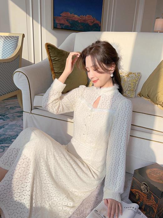 张心子【香颂白茶】温柔风法式加绒连衣裙女秋冬新款仙气裙子长裙 U2310154 商品图0