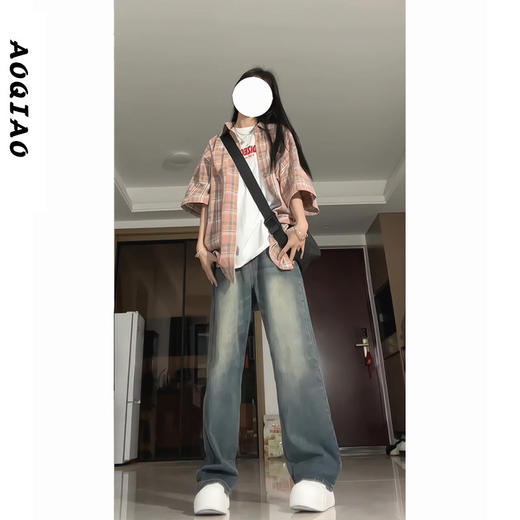 【遮肉显瘦百搭❗️阔腿牛仔裤】美式复古做旧阔腿牛仔裤女秋季新款高腰显瘦大码宽松直筒裤子 商品图1