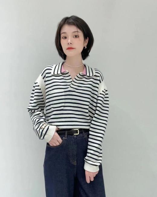 条纹POLO领条纹羊绒毛衣 小猫刺绣落肩袖宽松针织衫 源自内蒙的山羊绒 顺滑温润 手感柔软蓬松 宽松慵懒 经典法式剪刀V领 撞色白条拼接G0645 商品图9
