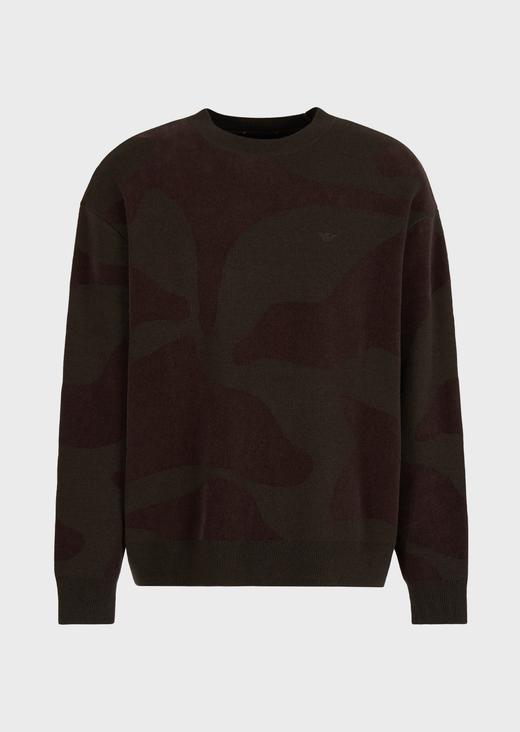 【双十一限时折扣】【1F】EMPORIO ARMANI 阿玛尼男士羊毛宽松落肩圆领迷彩嵌花针织衫 商品图0