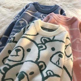 【ins宽松温柔风❗️软糯小熊毛衣】新款男女莓熊圆领宽大显瘦毛衣女日系酒红色针织衫秋冬中性毛线衫秋冬宽松情侣外套上衣父亲节礼物新年礼盒年货礼盒