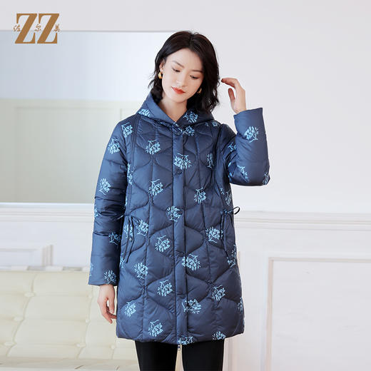 冬季新款 甜美通勤双面穿连帽碎花图案中长款羽绒服女E24YY02 商品图3