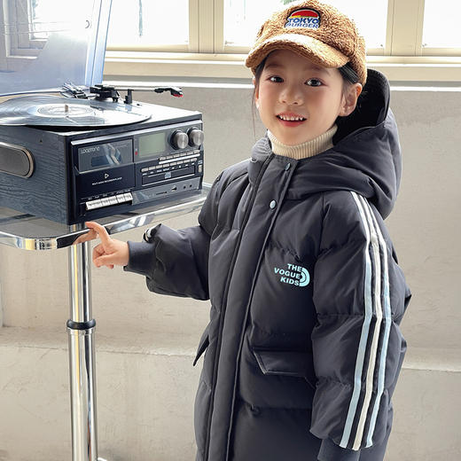 「90%鸭绒！长款羽绒服」呦奇2023冬季新款韩版儿童羽绒服时尚拼条织带长款保暖羽绒服童装 商品图3