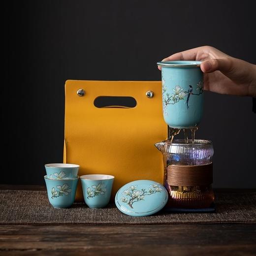 唐丰雀上枝头玻璃陶瓷旅行茶具套装一壶三杯户外便携包M仓 商品图0