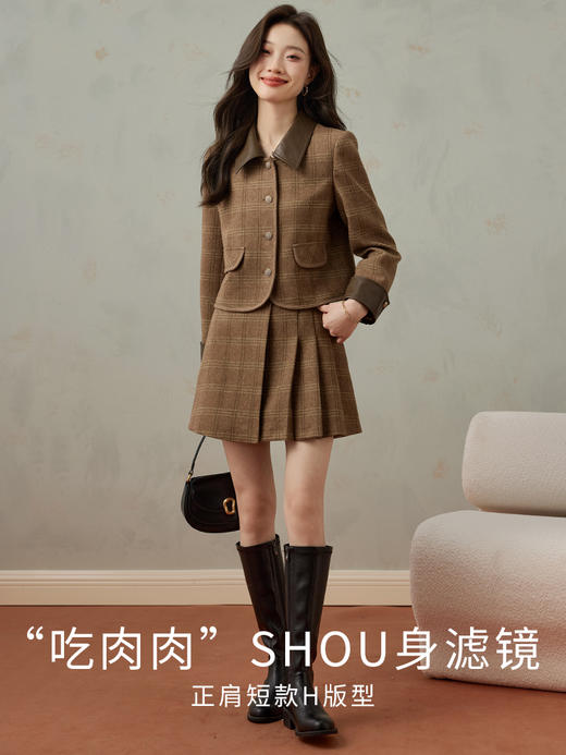 【年货节】熙世界学院小香风短款毛呢外套搭配百褶短裙两件套女 商品图2