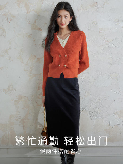 【年终特卖】熙世界假两件叠穿V领短款套头毛衣女秋冬糯针织上衣 商品图2